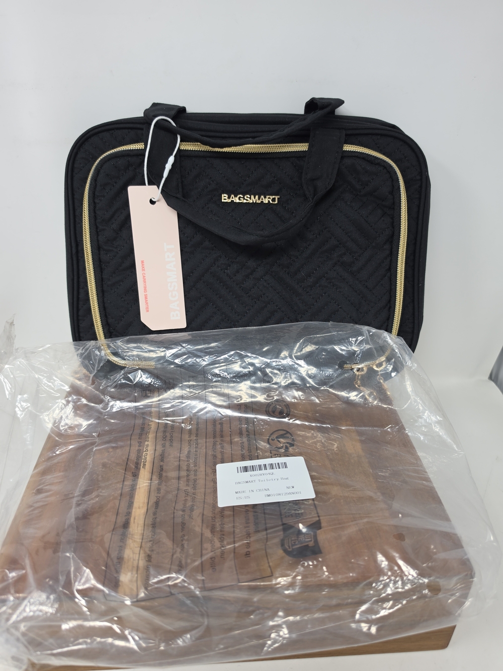 BAGSMART Black Quilted Toiletry Bag with Gold Trim